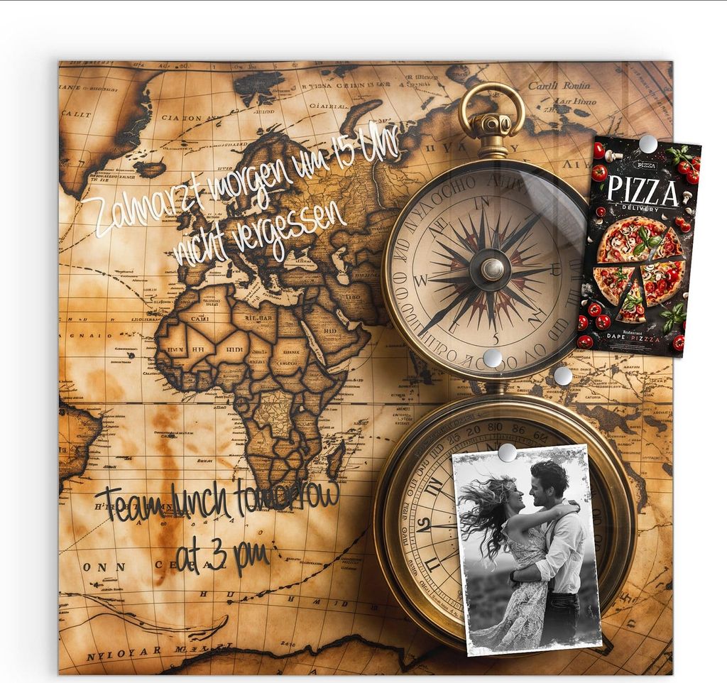 Magnettafel 30x30cm Pinnwand Whiteboard beschreibbar - Vintage Weltkarte Kompass