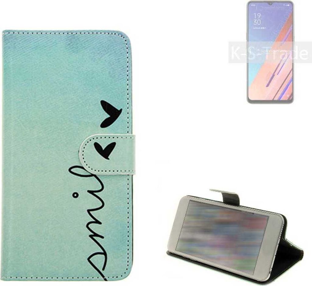 K-S-Trade Schutz Hülle Handy Hülle kompatibel mit Oppo Reno3 Vitality Edition Hülle Handyhülle cover bookstyle Etui Handyhülle ''smile'' türkis