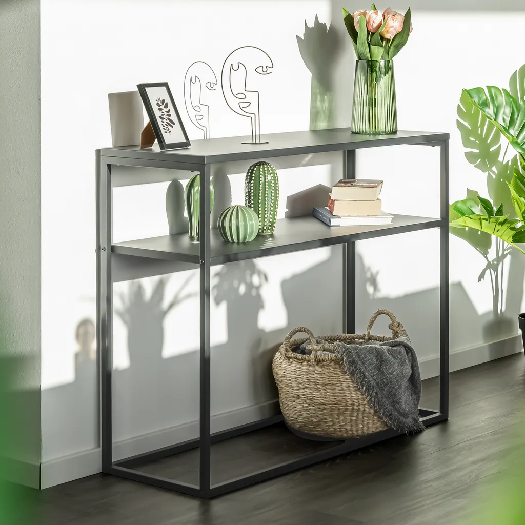 Table console étagère sur pied en métal noir, sellette décorative design - 2