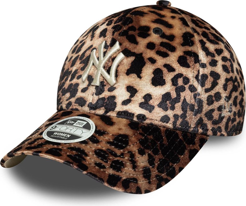A close-up studio shot of a leopard-print baseball cap.