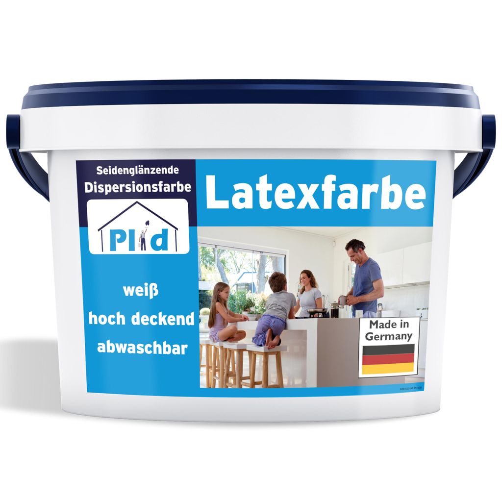 Plid Latexfarbe 5 L Weiß Satin – Abwaschbare Innenfarbe für ca. 30 m² – Seidenmatte Wandfarbe, strapazierfähig, Germany