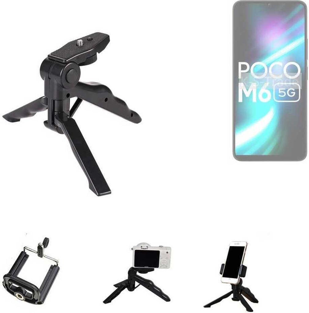 K-S-Trade Stativ Tisch-Ständer Dreibein Handy-Stativ Ständer kompatibel mit POCO M6 5G Mini-Stativ Smartphone Tripod Handy-Stativ aus Plastik