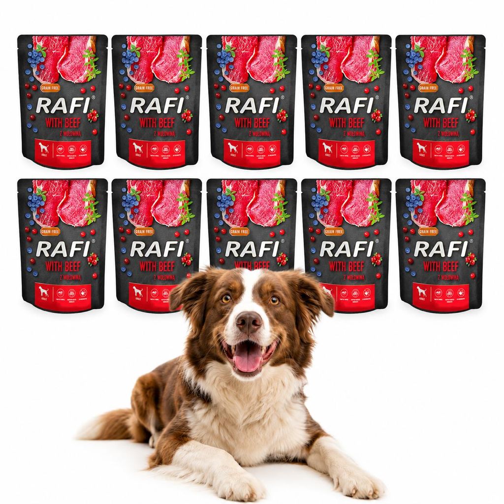 RAFI Mokré krmivo pro psy 10 × 300 g v kapsičkách – hovězí, Obrázek produktu  Obrázek vytvořený pomocí AI