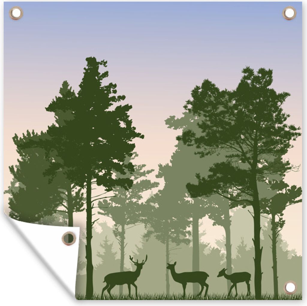 MuchoWow 100x100 cm Outdoor-Poster Gartendeko Sichtschutz Garten Poster für den Garten Eine Illustration eines Waldes mit Rehen