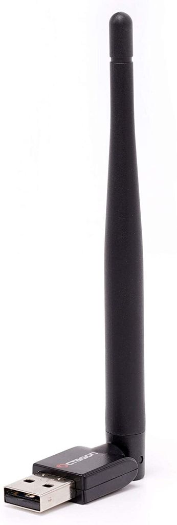 A black USB Wi-Fi adapter with an antenna against a white background.