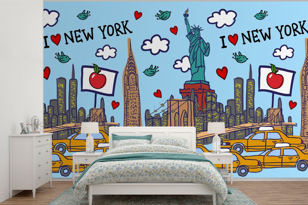 MuchoWow Fototapete für Wohnzimmer oder Schlafzimmer Wandtapete Vinyl Motivtapete New York - Zeichnung - Freiheitsstatue - 330x220 cm - Fototapeten