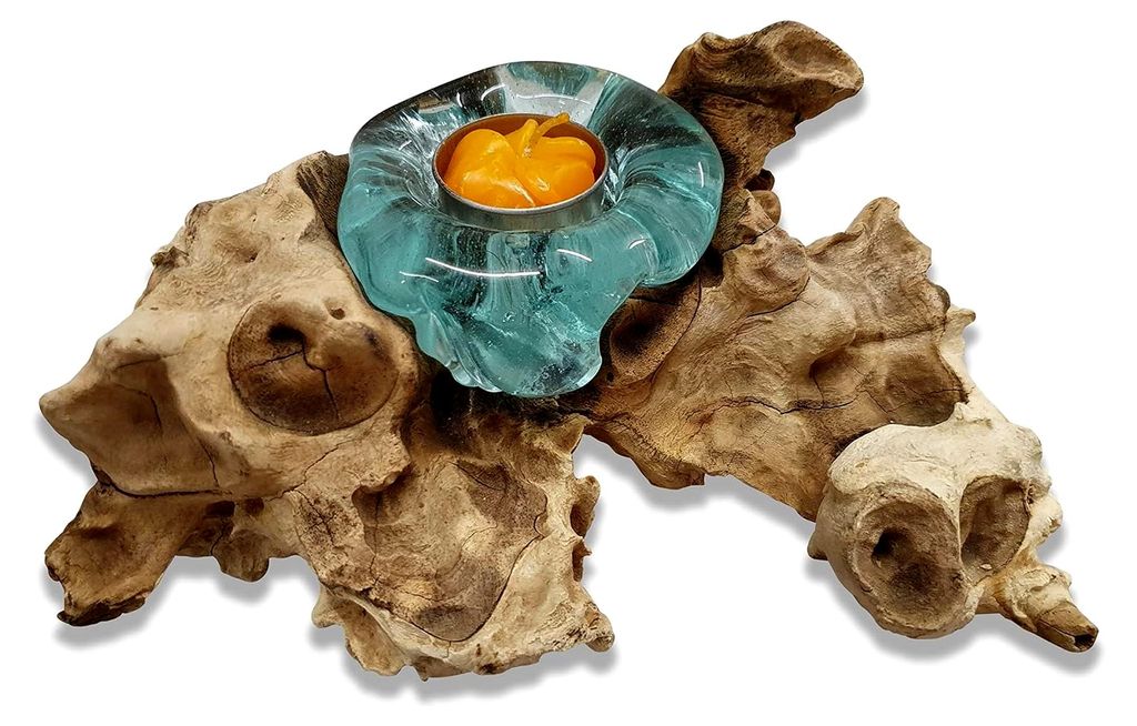 Teelichthalter aus geschmolzenem Glas auf Wurzelholz | individueller Kerzenständer für 1-3 Teelichter (1er Teelicht)