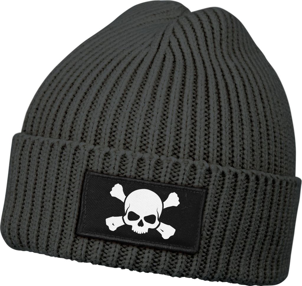 Herren Beanie Wintermütze mit Patch Skull Totenkopf Aufdruck Print Strickmütze Rippstrick Neverless
