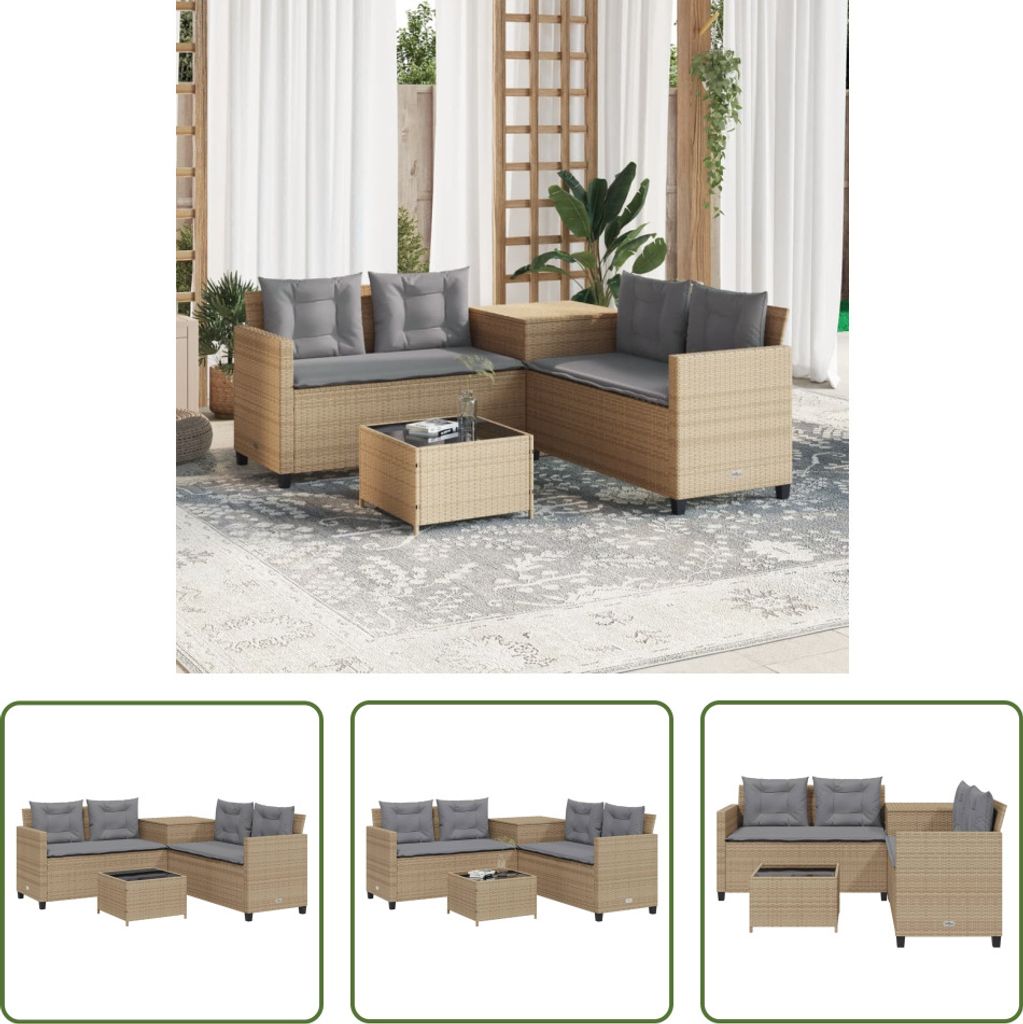 The Living Store Gartensofa in L-Form mit Tisch und Kissen Beige Poly Rattan