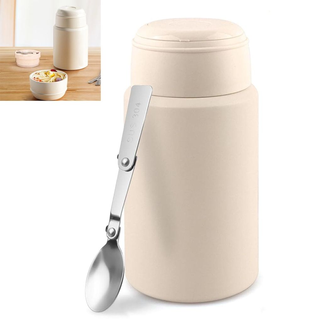 500 ml Thermo-Lebensmittelbehälter mit klappbarem Löffel, auslaufsicher, ideal für Büro und Outdoor, hält Speisen warm oder kalt, Farbe: Weiß.
