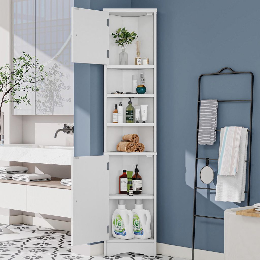 Dreieckiger Badezimmerschrank 170 cm, Volllack, feuchtigkeitsbeständig, 3 offene Fächer, Doppeltüren, verstellbar, platzsparend, Weiß
