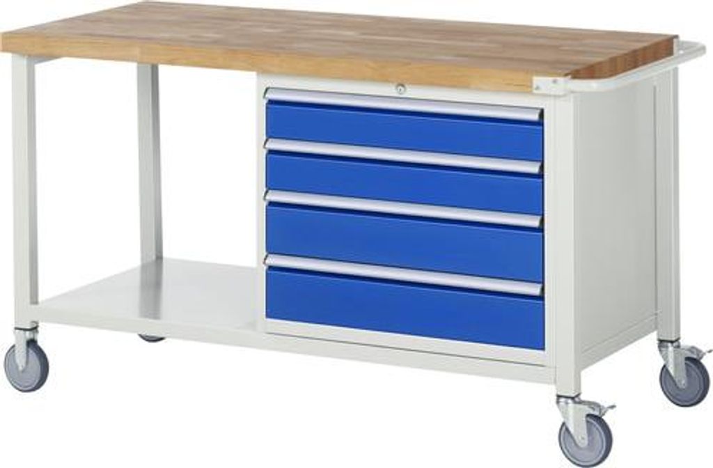 Mobile Werkbank mit Ablageboden - 4 XL Schubladen - Teilauszug - 120:2 / 150:2 - Höhe 880-1.080 mm - 1.500 x 700 mm (BxT) - Traglast 450 kg - Buche