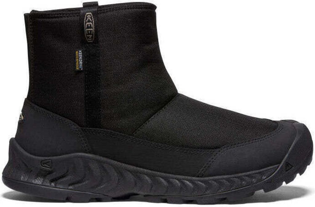 A black Keen winter boot is shown against a white background.
