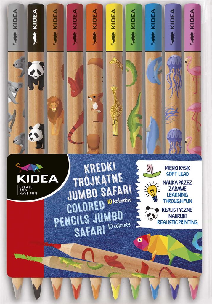 Kredki trójkątne Jumbo Safari Kidea 10 kolorów Zdjęcie produktu 