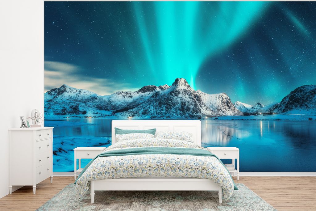 MuchoWow Fototapete für Wohnzimmer oder Schlafzimmer Wandtapete Vinyl Motivtapete Nordlicht - Eis - Schnee - Norwegen - Blau - Berge - 350x260 c...