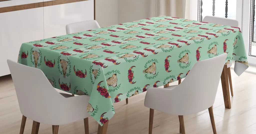 Tovaglia ABAKUHAUS Buffalo, Funky Floral Bison Artwork, stampa personalizzata Colori vivaci senza scolorimento Lavabile per uso esterno, 140 x 240 cm, verde menta corallo scuro