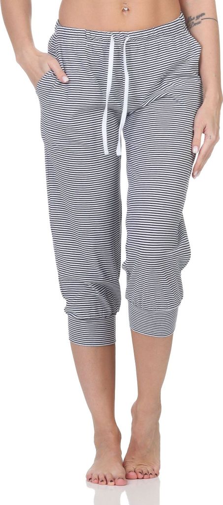 Damen Schlafanzug Pyjama Capri-Hose 3/4-lang - Mix & Match - perfekt zu kombinieren ; streifen_marine , 40