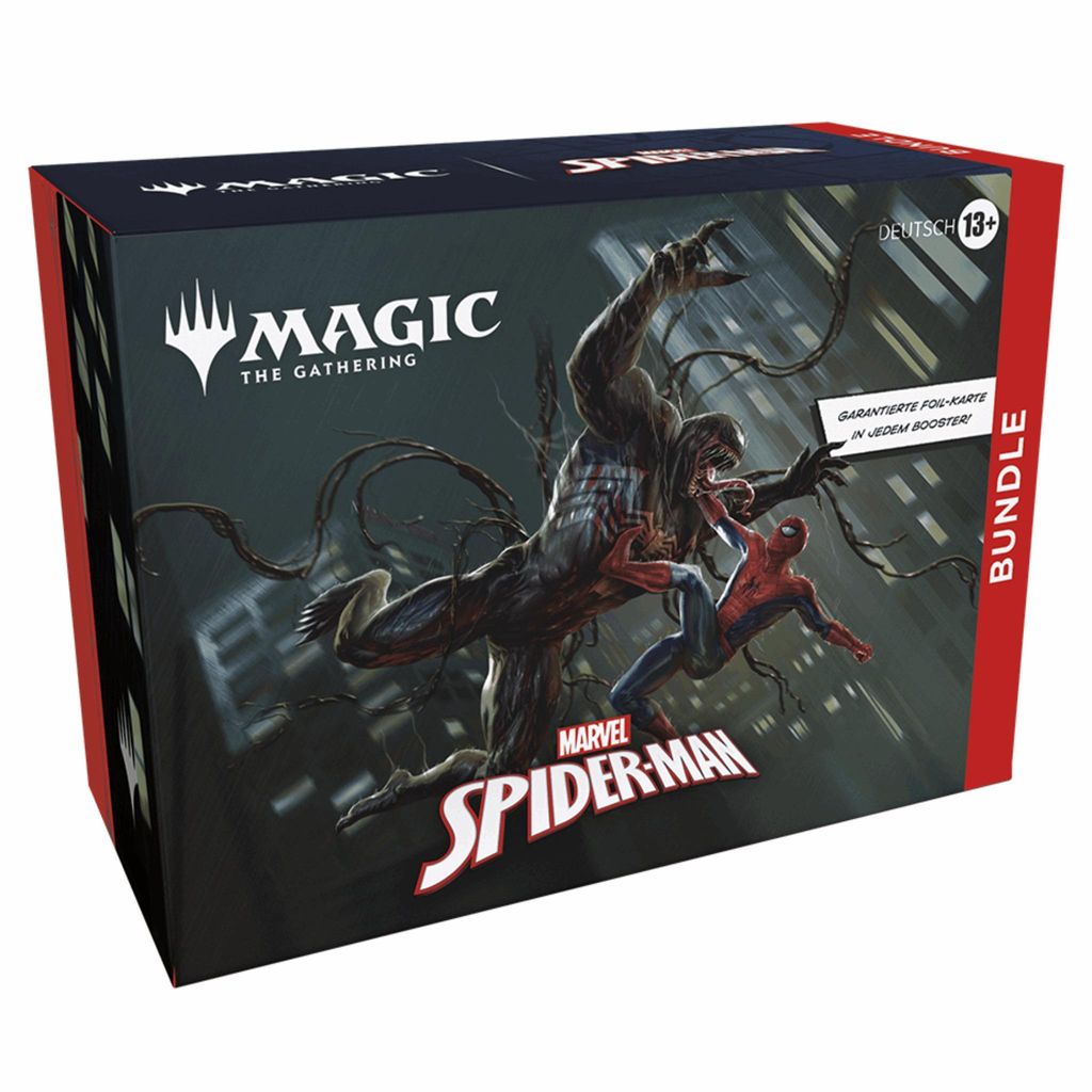 A Magic the Gathering Marvel's Spider-Man Bundle box with artwork of Spider-Man fighting Venom.