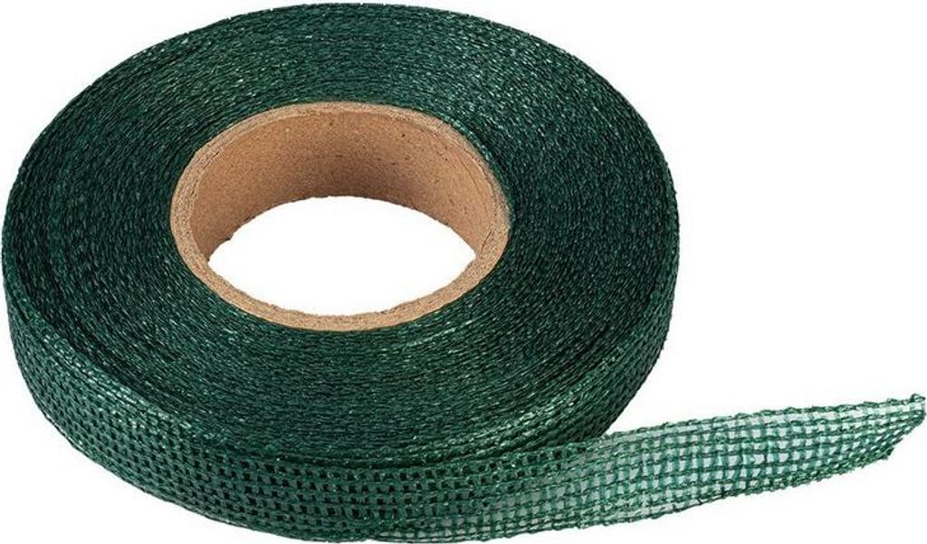 A roll of green garden tape on a cardboard core, with a length of tape unspooled.