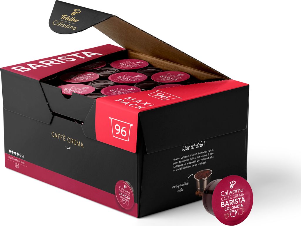 Tchibo Cafissimo Vorratsbox Caffè Crema Colombia Kaffeekapseln, 96 Stück (Kaffee, ausdrucksstark mit Hauch von Limette), nachhaltig & fair gehandelt