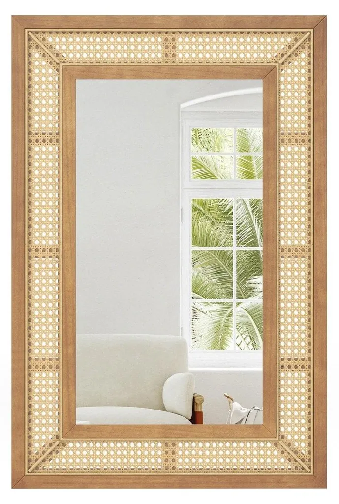 Miroir mural rotin pour salon et chambre - Format 90x60 cm bois clair