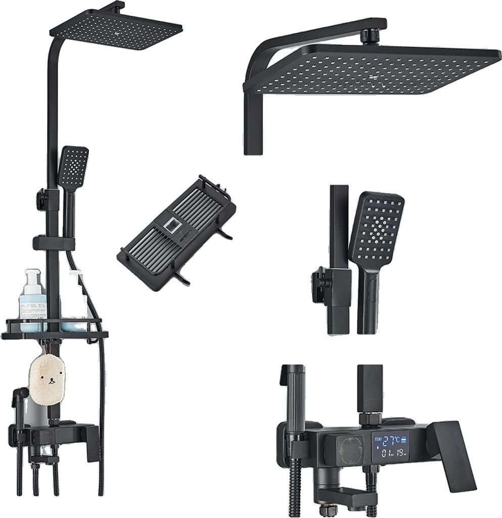 Digital-Display-Thermostat-Duscharmatur, ABS-Duschkopf, Dual-Handle-Steuerung, Schwarzer Heiß-Kalt-Mischer