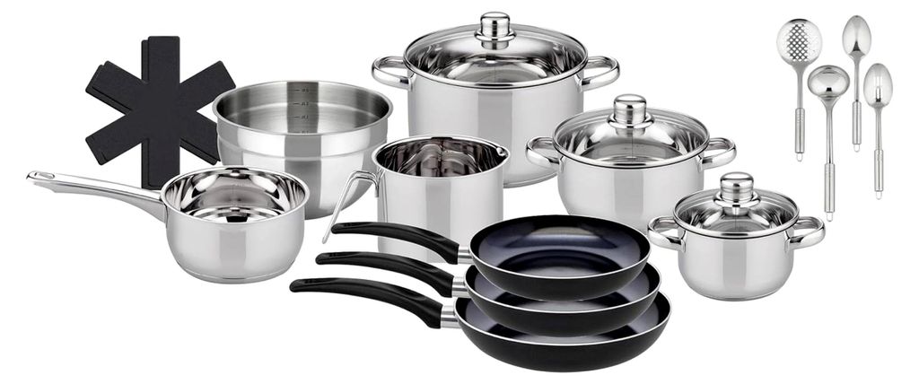 15-teiliges Topfset Galactica, Edelstahl, mit Abgießrand, hitzebeständigen Edelstahlhohlgriffen, induktionsgeeignet, Volumenskala, silberfarben