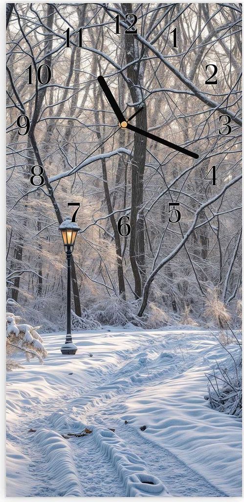 Wanduhr aus Glas mit Motiv Verschneiter Waldweg- 30 x 60 cm - inkl. Aufhängesystem
