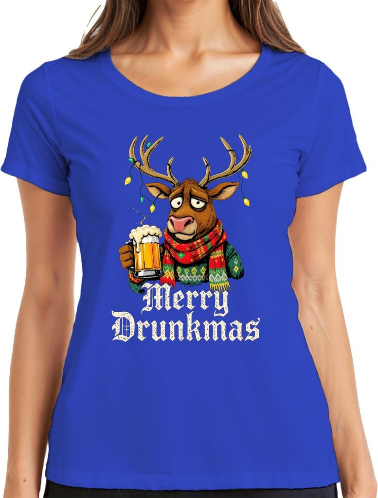 Merry Drunkmas Rentier Bier Weihnachten Lustig Geschenk Ugly Damen T-Shirt, Blau, XXL