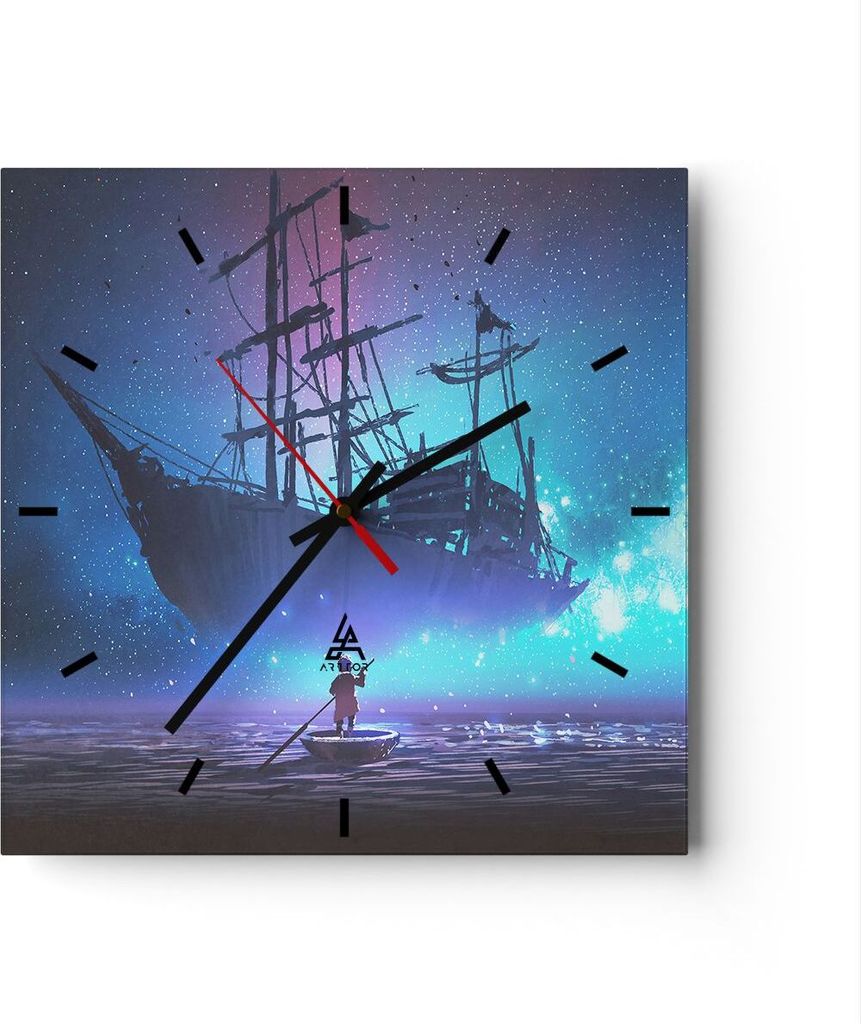 Wanduhr - Quadrat - Glasuhr - Märchen Segelschiff - 40x40cm - Schleichendes Uhrwerk - Lautlos - zum Aufhängen bereit - Dekoration Modern - Wandde...