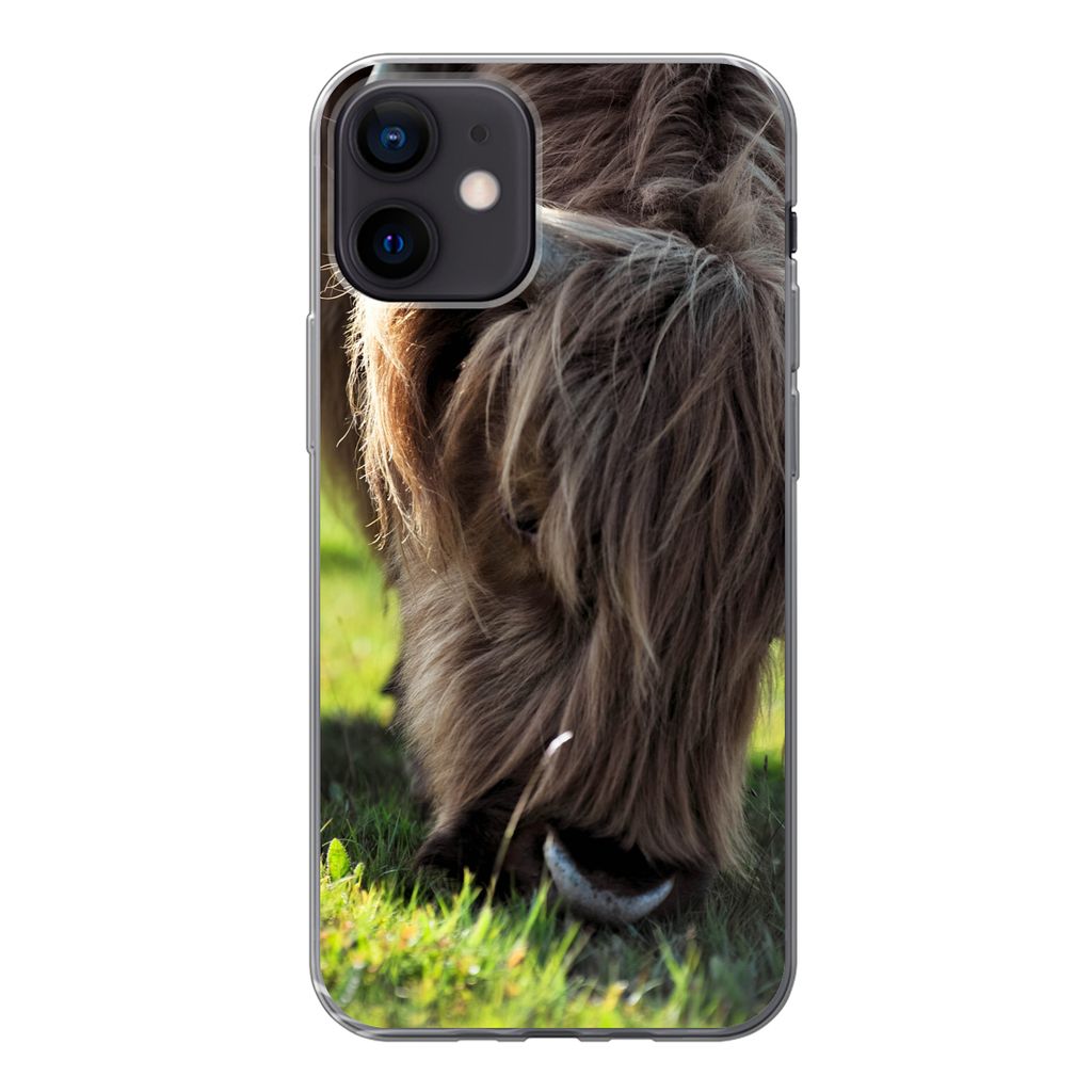MuchoWow Handyhülle Schutzhülle Hülle für iPhone 12 Schottischer Highlander - Hörner - Sonne Silikon Softcase Handy Hülle - Schutzhülle