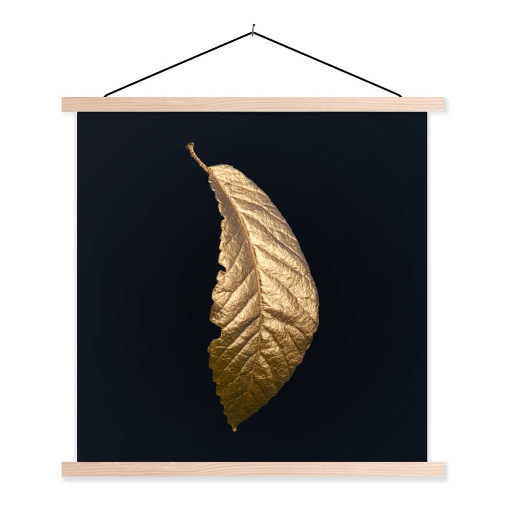 MuchoWow Textilposter Blätter - Luxus - Gold - Schwarz - Natur 120x120 cm mit holzfarbenen Rahmen - Textil-Poster
