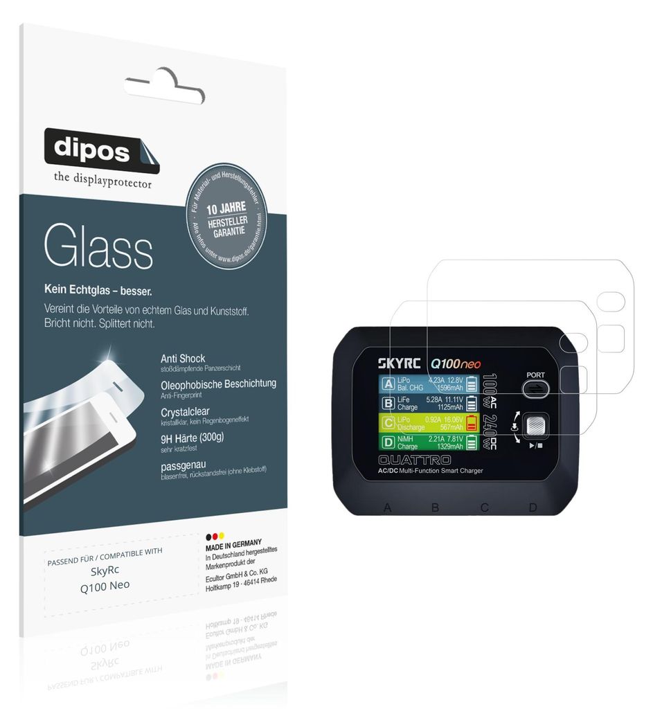 2x Schutzfolie für SkyRc Q100 Neo - Anti-Shock 9H Folie dipos Glass Kunststoffglas