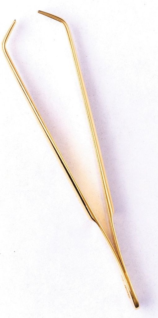 A pair of golden tweezers on a white background.