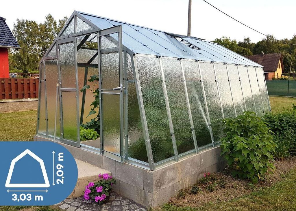 Gewächshaus GLAS PLUS 3,03m x 4,52m - 4 mm Sicherheitsglas+ 2 x Türen + Regenrinne +Verzinkter Rahmen + EU Qualität