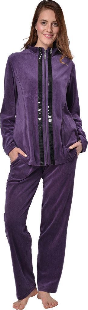 DeSen Samtweicher Nicki-Hausanzug (Kapuzenjacke mit Rei?verschluss, Hose, 2-tlg), Damen, dunkel lila, 40/42