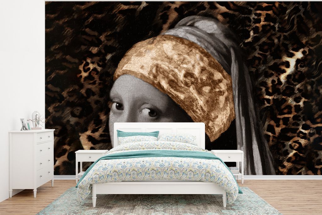 MuchoWow Fototapete für Wohnzimmer oder Schlafzimmer Wandtapete Vinyl Motivtapete Mädchen mit Perlenohrring - Gemälde - Pantherdruck - 400x300...