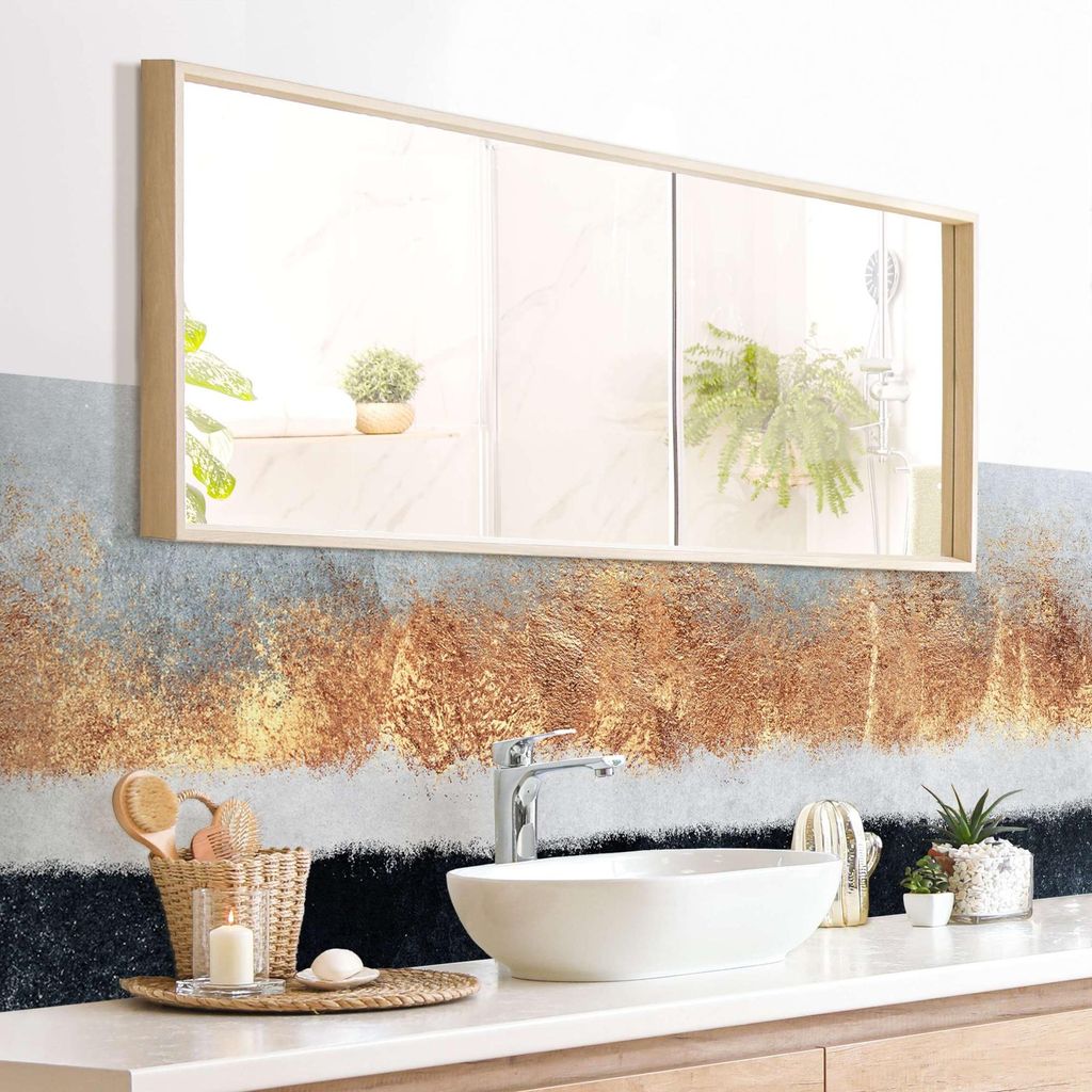 Wandverkleidung Bad originell selbstklebend - 0.61 mm Wandpaneel matt wasserfest Design gold Aquarell Abstrakt Badrückwand fugenlos 190x55 cm