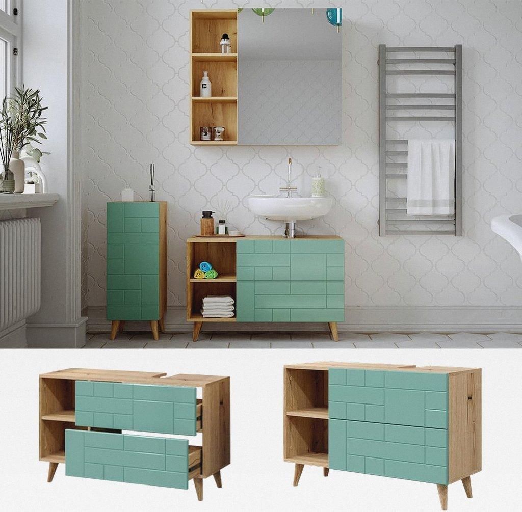 Waschbeckenunterschrank Mintgrün Rudi 90x59x33 cm - Unterschrank für das Badezimmer, Viel Stauraum Oben und unten