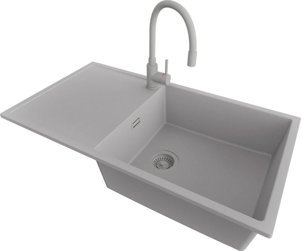 PRIMAGRAN Granitspüle Grau 90x50cm, Spülbecken 1 Becken + Küchenarmatur 38x14cm + Ablauf-Set, Küchenspüle ab 60er Unterschrank - Ibiza