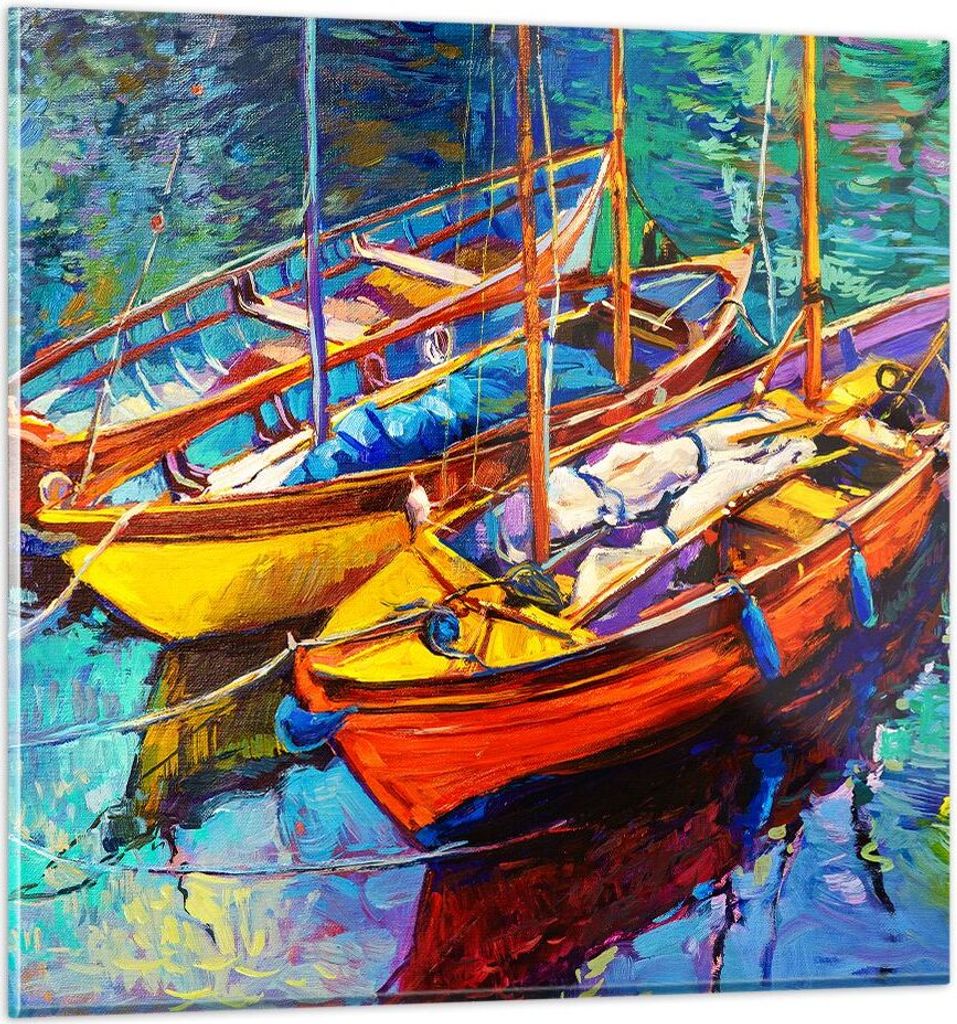 Bilder auf glas - Boote Bunt Angeln Wasser - 70x70cm - Glasbilder - Wandbilder - Kunstdruck - zum Aufhängen bereit - Wanddekoration aus Glas - Gla...