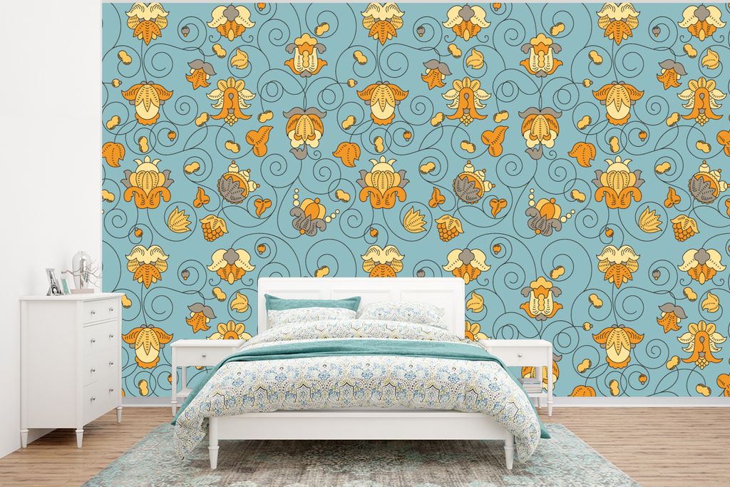 MuchoWow Fototapete für Wohnzimmer oder Schlafzimmer Wandtapete Vinyl Motivtapete Muster - Vintage - Blumen - 350x260 cm - Wohnzimmer-Tapete