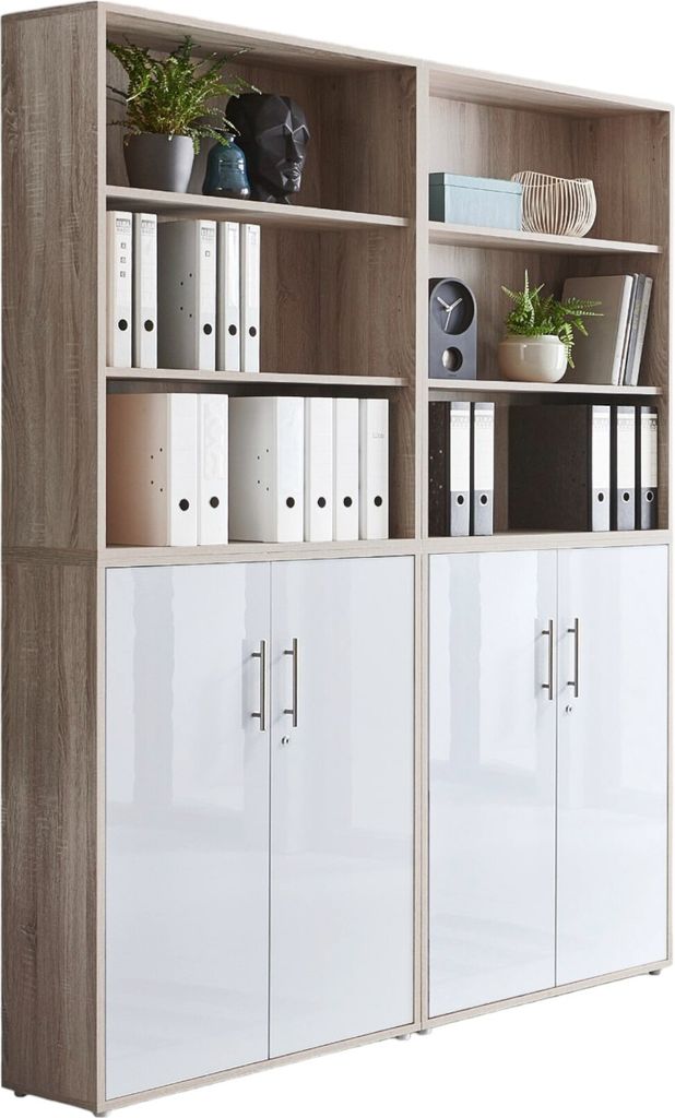 Aktenschrank TABOR 11 in Eiche Sonoma / weiß Hochglanz, Schrankwand, Büroschrank, abschließbar, Metallgriffe