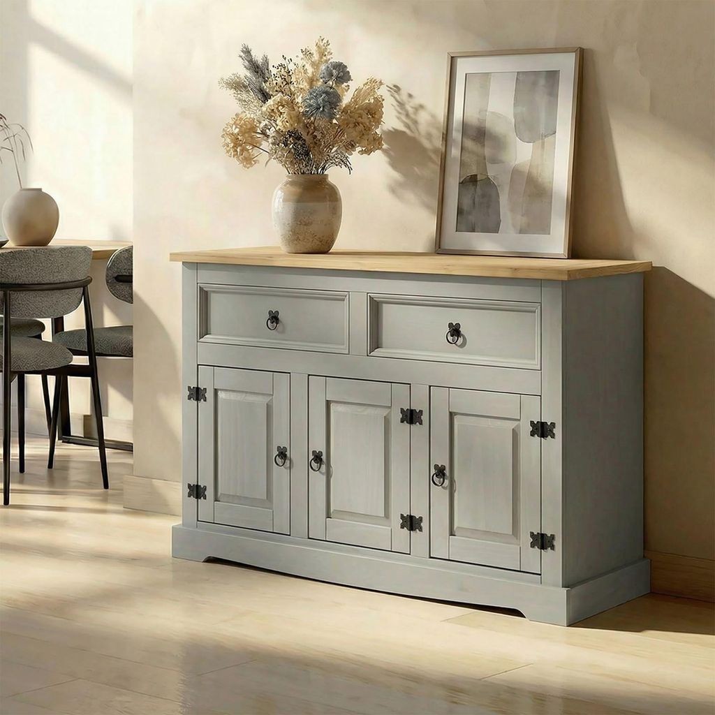 Sideboard TEQUILA Kommode mit 3 Türen 2 Schubladen, Schubladenschrank massiver Kiefer grau/braun Buffetschrank Geschirrschrank