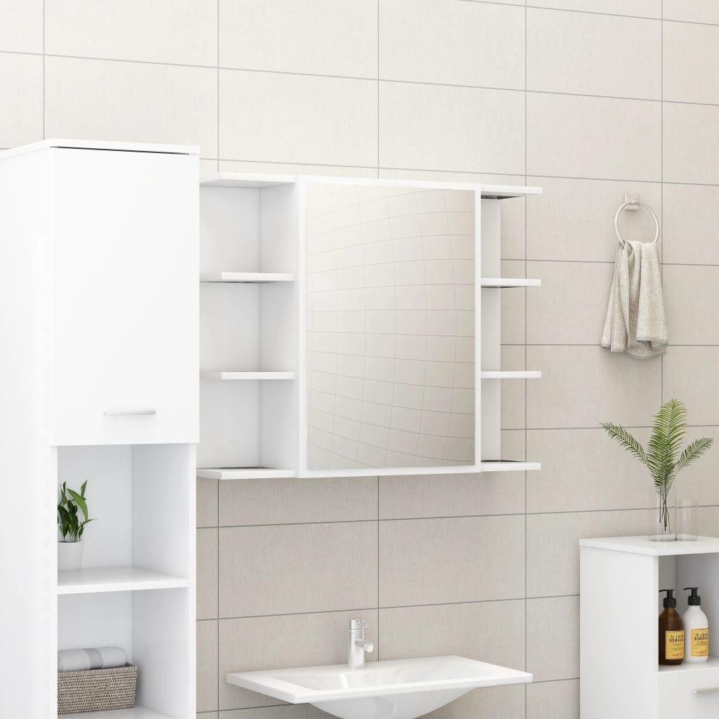 A bathroom scene featuring a white medicine cabinet with a mirror and shelves, a sink, and a small cabinet on the right.