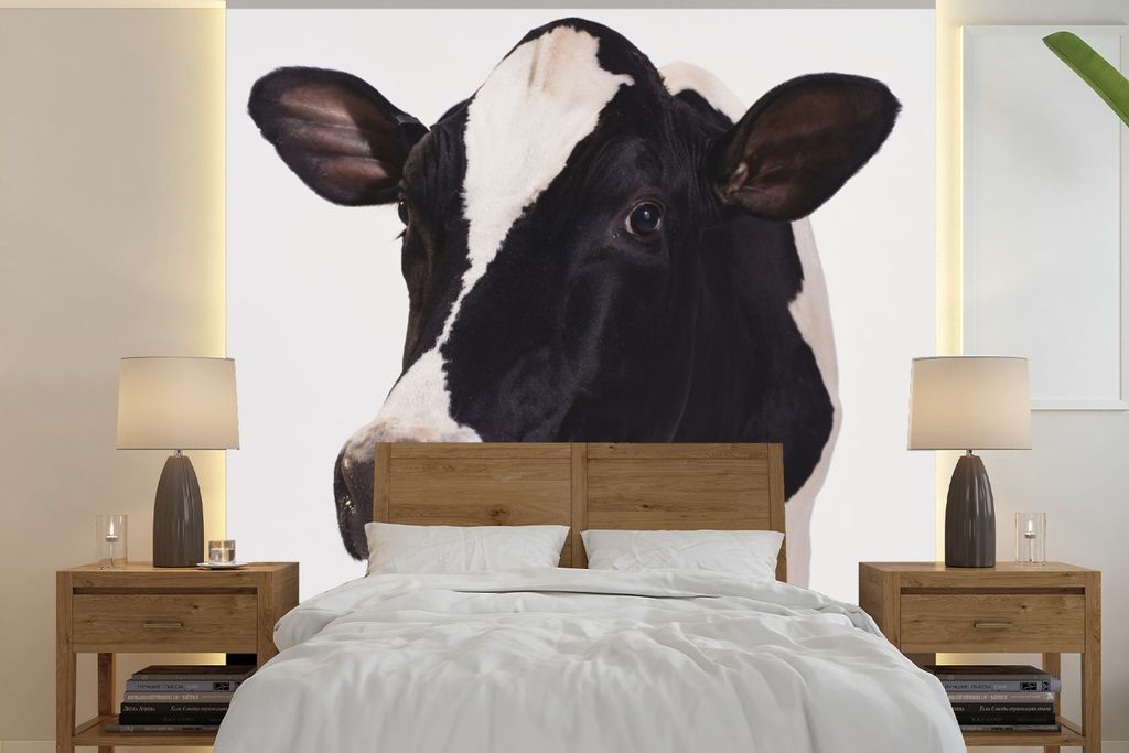 MuchoWow Fototapete für Wohnzimmer oder Schlafzimmer Wandtapete Vinyl Motivtapete Kuh - Weiß - Tiere - Schwarz - 220x220 cm - Tapeten