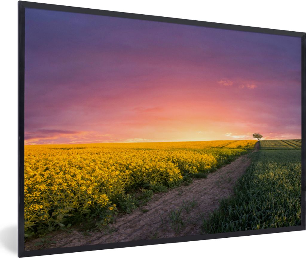 MuchoWow Gerahmtes Poster Blumen - Straße - Himmel - Gelb - Lila - Sonnenuntergang - Natur 90x60 cm - Poster mit Schwarzem Bilderrahmen Wandpost...