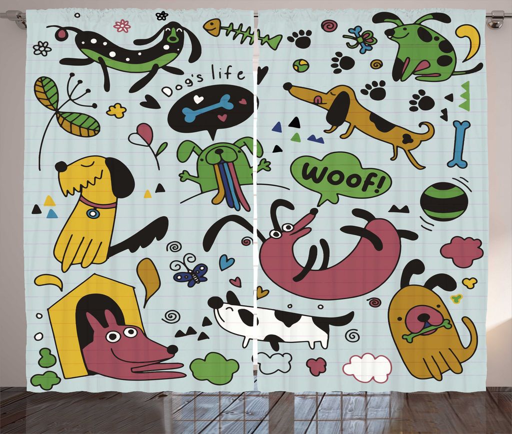 ABAKUHAUS Gekritzel Rustikaler Gardine, Vivid Verspielt Hund Muster, Schlafzimmer Kräuselband Vorhang mit Schlaufen und Haken, 280 x 225 cm, Mehrf...