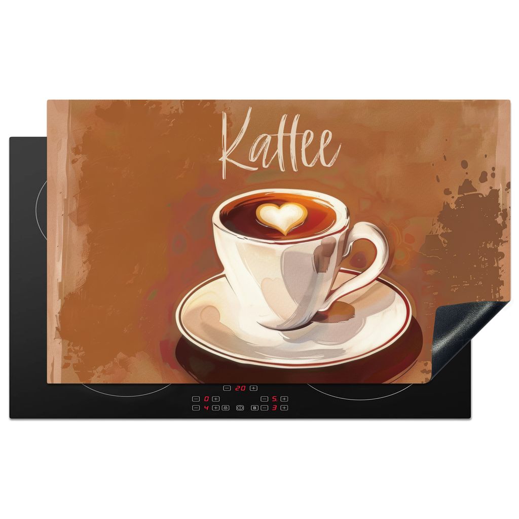 KitchenYeah Herdabdeckplatte Kaffee - Tasse - Herz - Braun , 83x51cm, Küche Deko, Glaskeramikkochfeld Herdabdeckung, Abdeckplatte fùr Kochfeld