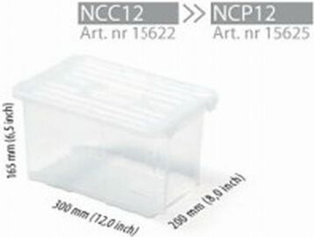 A clear product shot of a transparent plastic storage box with dimensions indicated.